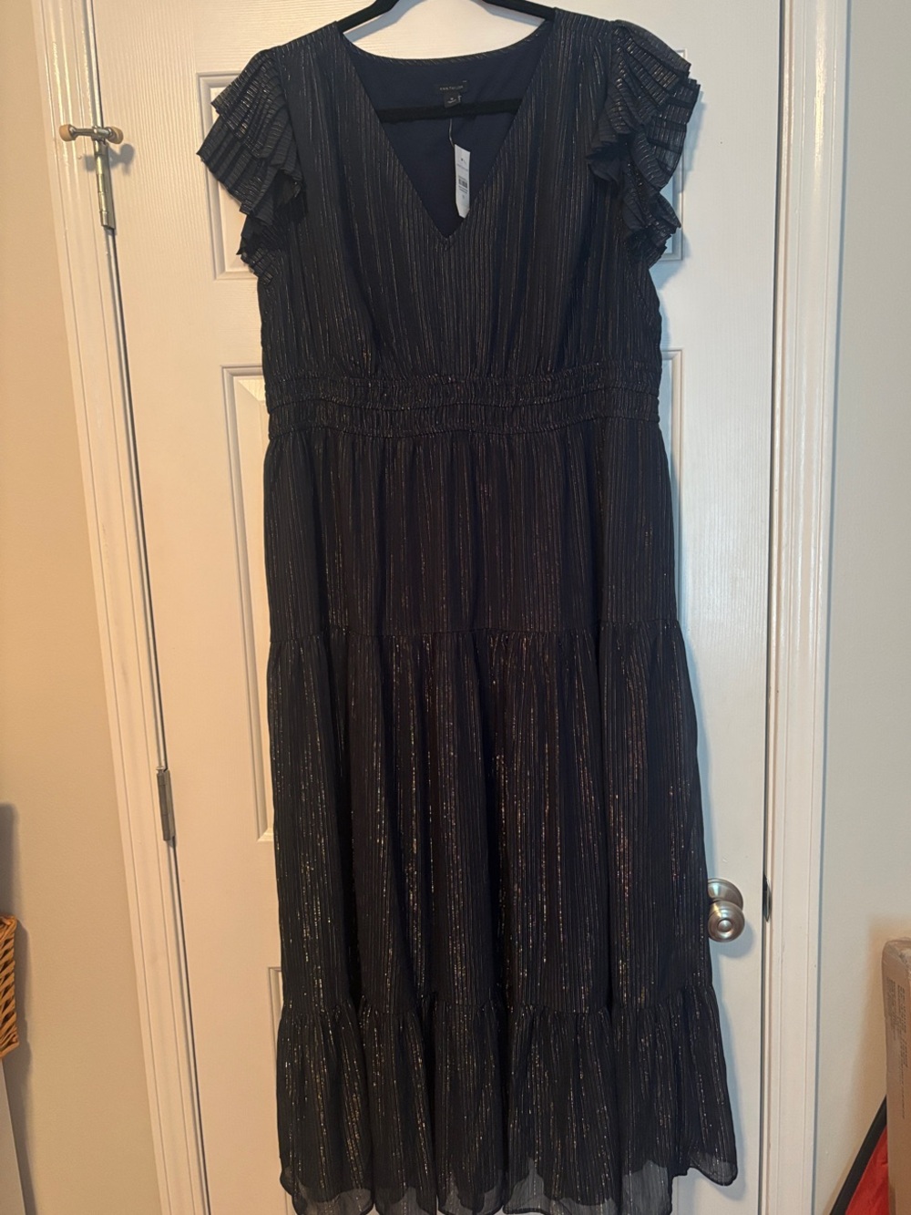Ann Taylor Navy Metallic Stripe Tiered Ruffle Dress